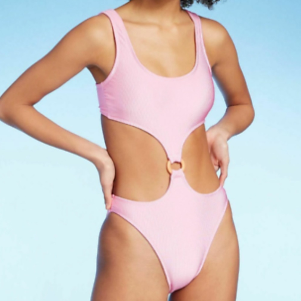Pink Ribbed One-Piece Monokini Swimsuit - Picture 2 of 8